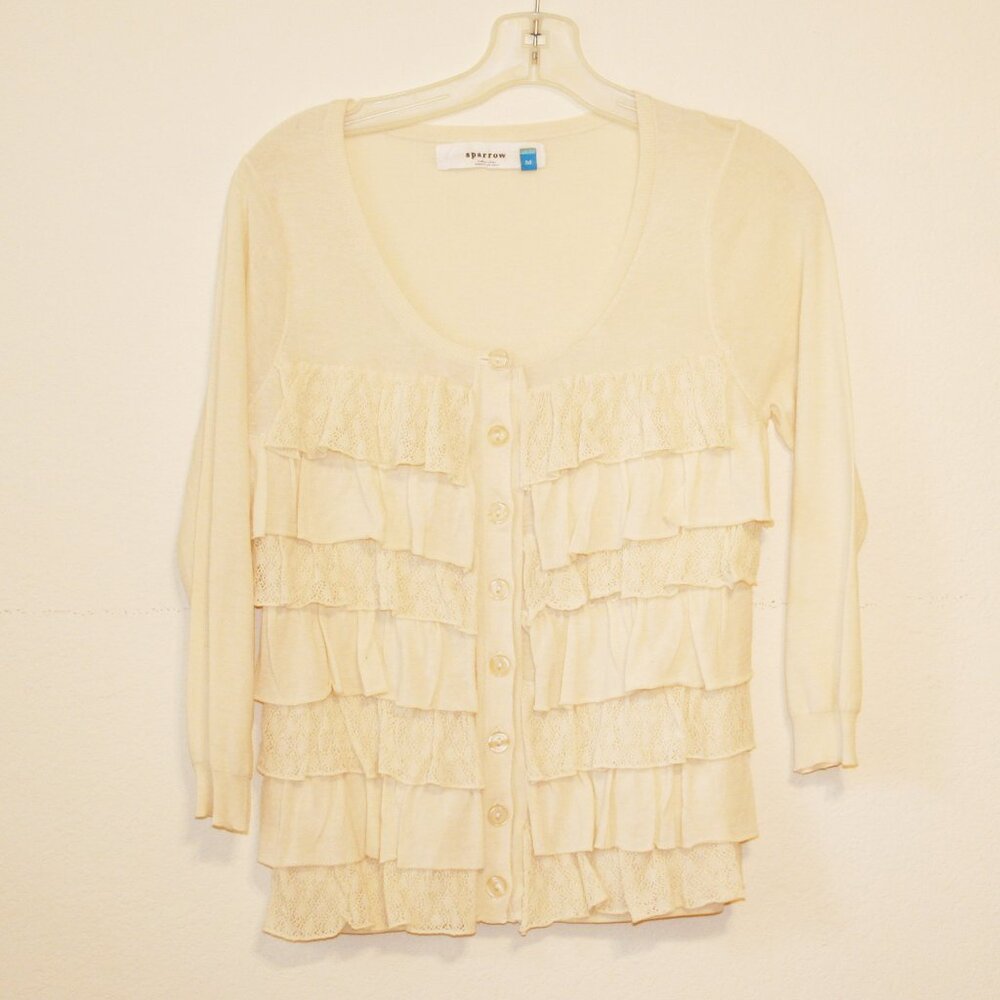Anthropologie Sparrow Off White cardigan ruffled sweater Size Medium
